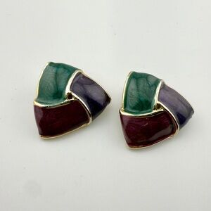 Kerissa Gold Tone Enamel Clip-On Earrings | Signed Vintage Statement Jewelry
